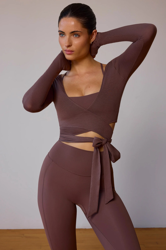 Long-Sleeve Wrap Crop Top in Taupe Brown - UK Size:XS